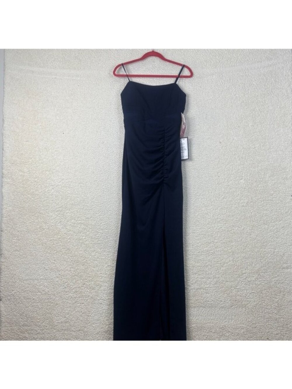 NWT Emerald Sundae Womens Navy Scuba Crepe Mesh Trim Ruched Slit Gown L LARGE